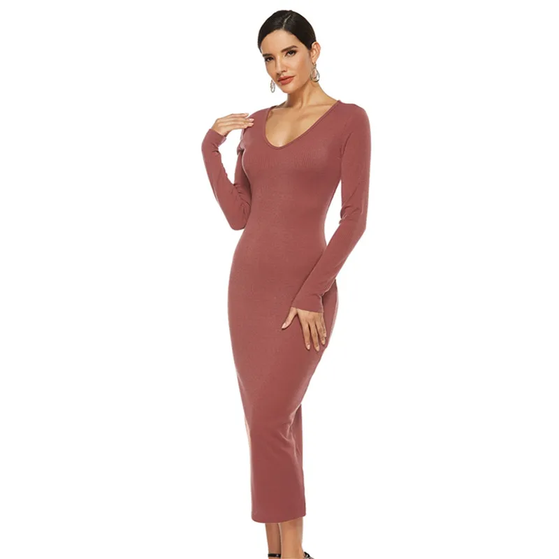 Autumn Winter Long Sleeve Knitted Casau Dress Bodycon Fashion V-Neck Robe Maxi Dress Sweater Long Dresses High Waist