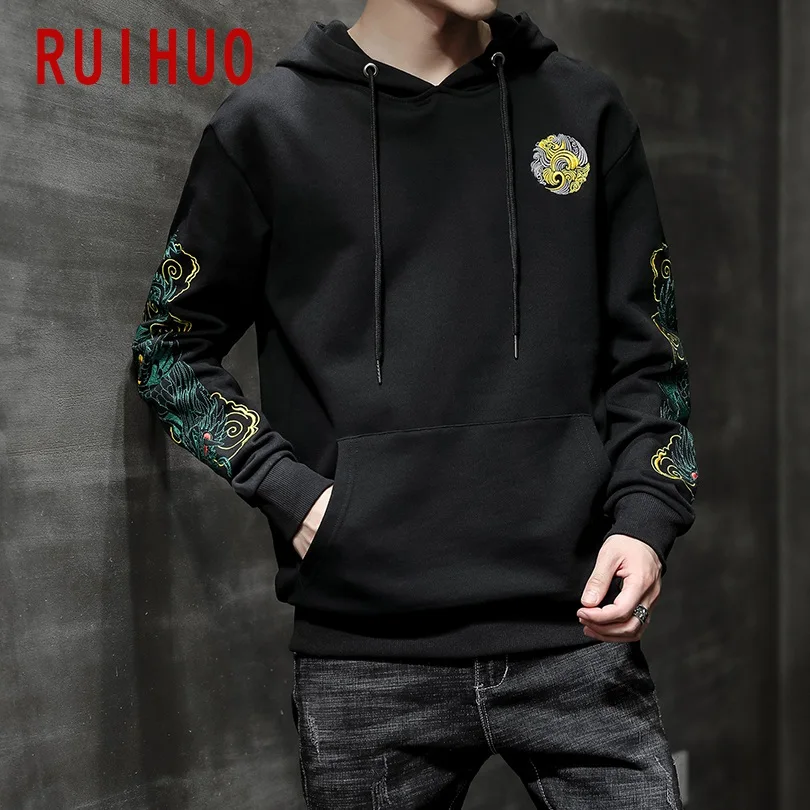 RUIHUO, новинка, Осень-зима, хип-хоп пуловер, толстовки, мужские, китайский дракон, вышивка, повседневные толстовки с капюшоном, мужские брендовые M-4XL