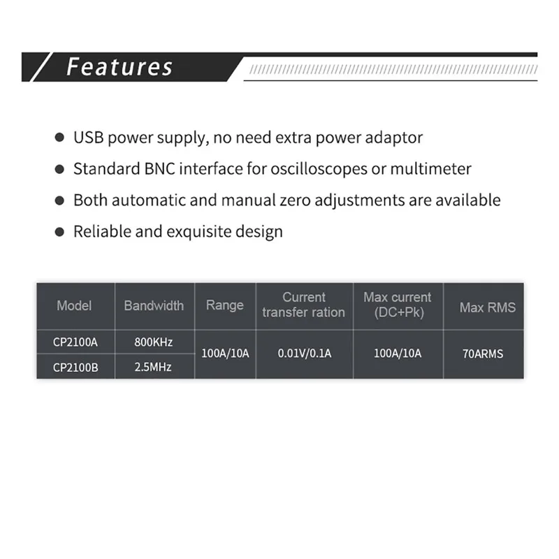 Micsig CP2100A AC/DC current probes 2.5MHz 10A/100A maximum measurable current 100Apk 70.7Arms(DC+ACpk) Improvement Tools