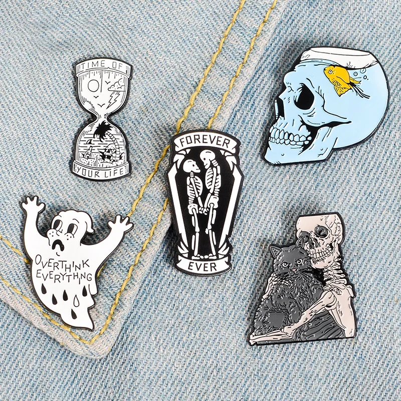 Brooch Metal Cartoon Oil Drop Brooch Punk Retro Skeleton Sand Filter Ghost Head Cat Skeleton Folded Brooch