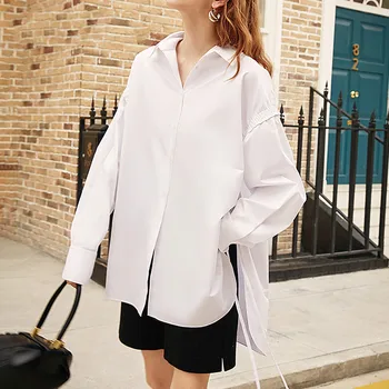 

Causal Women Shirt Lapel Collar Lantern Long Sleee Loose Side Split Lace Up Blouse Female Fashion Clothing 2020 New