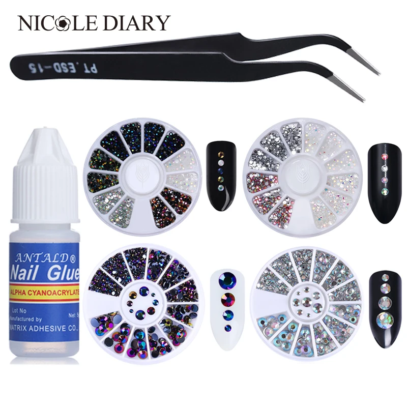 

NICOLE DIARY 3pcs Mixed Chameleon Stone Nail Rhinestone With Nail Glue Set 3D Nail Art Decoration In Wheel Accessories