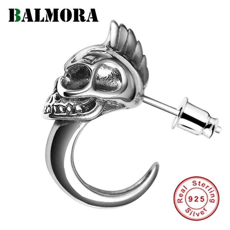 

BALMORA 925 Sterling Silver Skull Stud Mens Earrings Vintage Black Earring Men Punk Skeleton Studs For Women Biker Jewelry