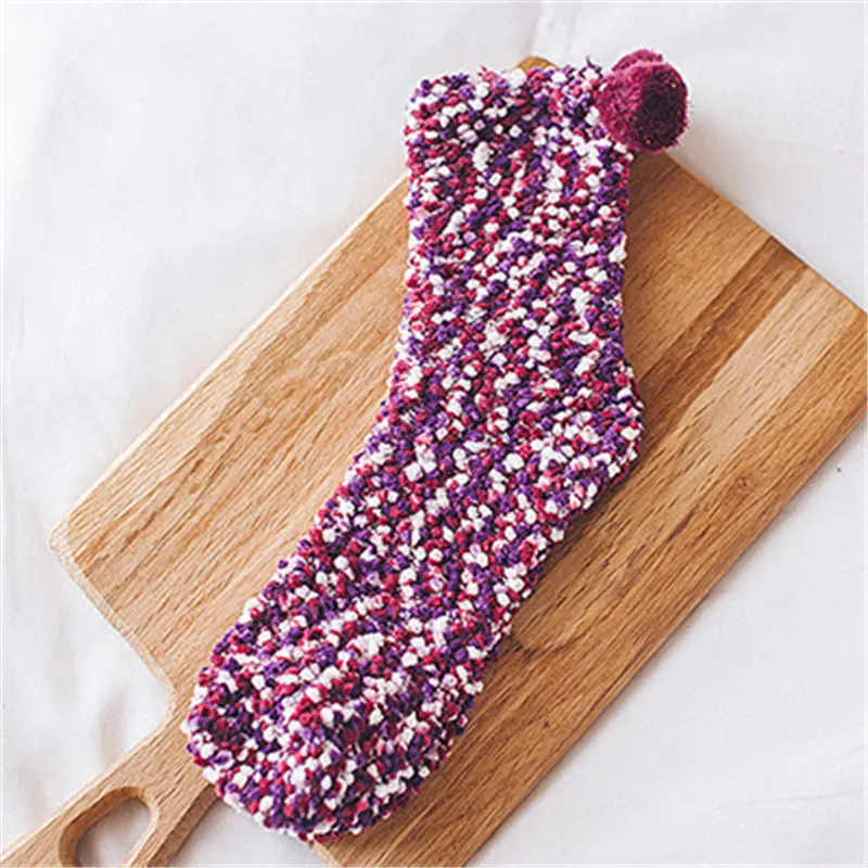 Cute girls' coral fleece socks women thickening warm winter soft floor socks with cute hairball Christmas gift socks dropship - Цвет: Purple