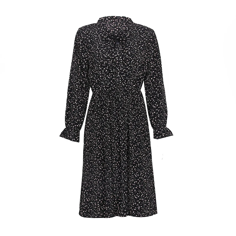 

2020 Chiffon Floral Pleated Elegant Bow Dress Women Casual Flare Long Sleeve Elastic Waist Spring Autumn Clothes Fashion Vestido