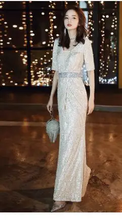 as picture Это Yiiya вечернее платье элегантного размера плюс, Платье De Soiree K007, модное вечернее платье с блестками и круглым вырезом, с одним рукавом, длинное - Цвет: as picture