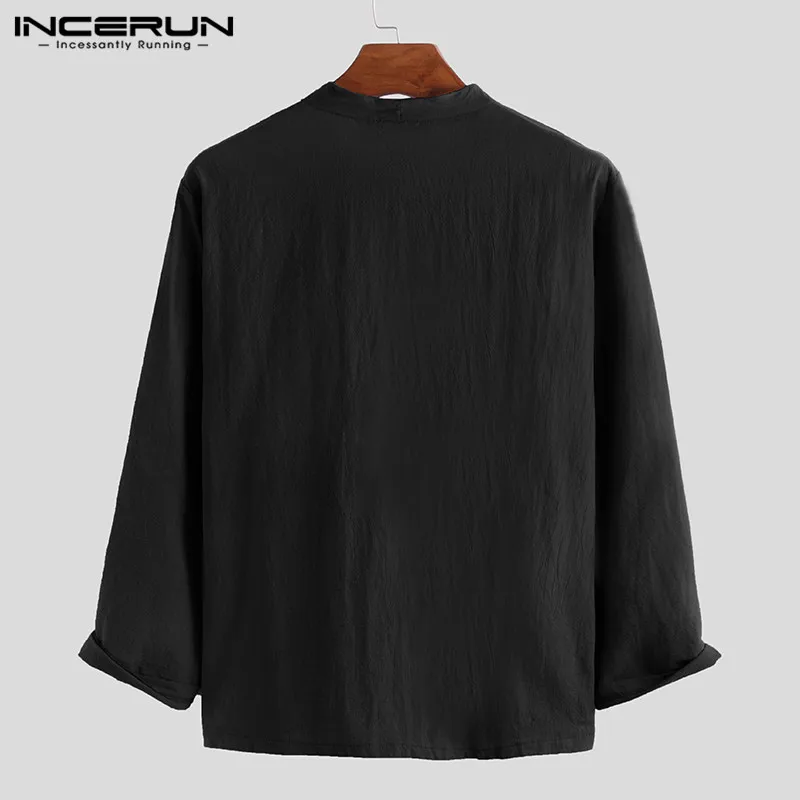 INCERUN, мужская рубашка, хлопок, лен, v-образный вырез, длинный рукав, простые, на пуговицах, топы,, уличная одежда, китайский стиль, Ретро стиль, Повседневная рубашка, Мужская сорочка