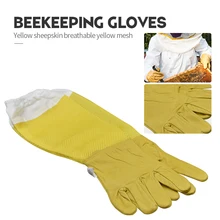 Guantes de apicultura mangas protectoras de malla amarilla transpirable piel de oveja blanca y tela para los guantes de apicultura cuidado de abejas