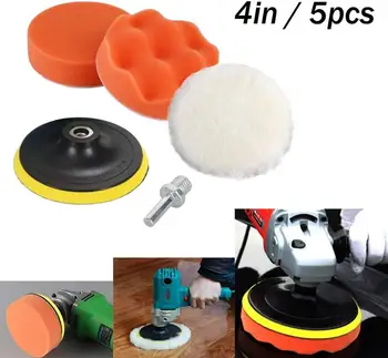

Polishing Buffer Pad Set 4'' 5 Pcs Wool Polish Waxing Pad with Velcro Wheel and M10 Drill Adapter for Car