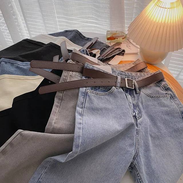 ZHISILAO-Jean droit avec ceinture pour femme, pantalon en denim, bleu basique, longueur de rinçage, vintage, gris, petit ami, coréen, 2021 1