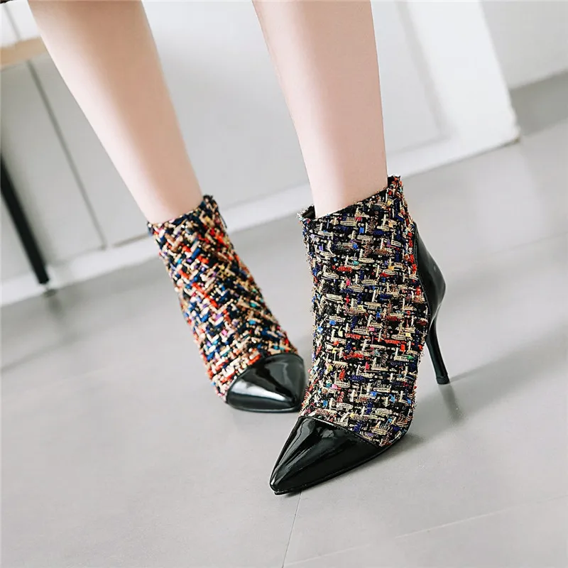 

2018 Fashion Pointed Toe Thin Hih Heel Stiletto Shoes Patent Leather Plaid Printed Ladies Ankle Boots Plus Size Women