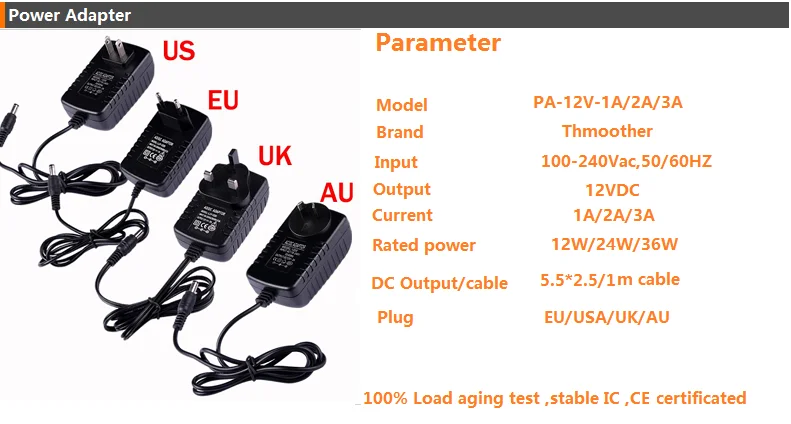 100-240Vac вход переменного тока, 12VDC выход, 1A 2A 3A 12V светодиодные полосы драйвер, 5,5*2,5 AU UK US EU plug экрана монитора дистанционного управления 12V светодиодные ленты адаптеры питания