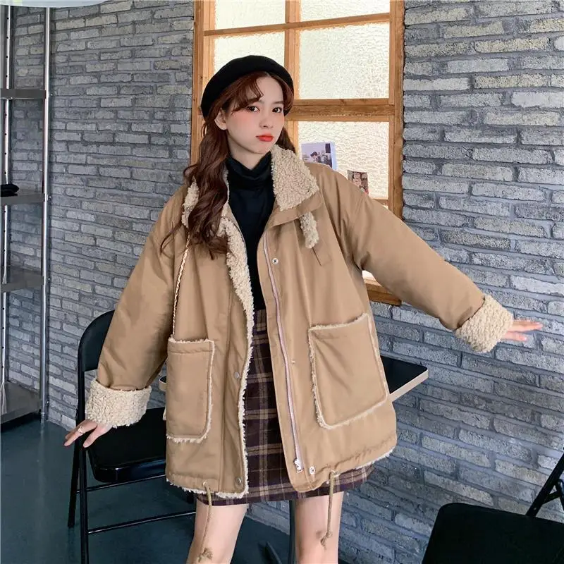 hooded puffer jacket Lamb Wool Padded Jackets Women Clothes Patchwork Plus Velvet Thick Autumn Winter New Korean Loose Harajuku Style Warm Jacket puffer coat with fur hood