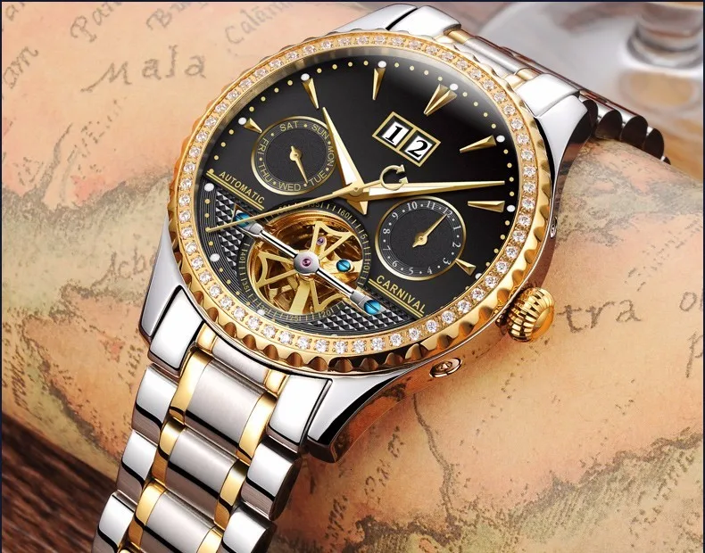 Горячая новинка 2017 известные бренды часы карнавал роскошные мужские деловые часы автоматические механические часы из стали ремешок