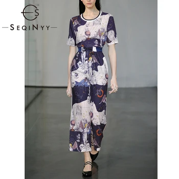 

SEQINYY Casual Set 2020 Summer Spring New Fashion Design Runway Female Short Sleeve Tee + Elastic Pockets Long Pants Retro Print