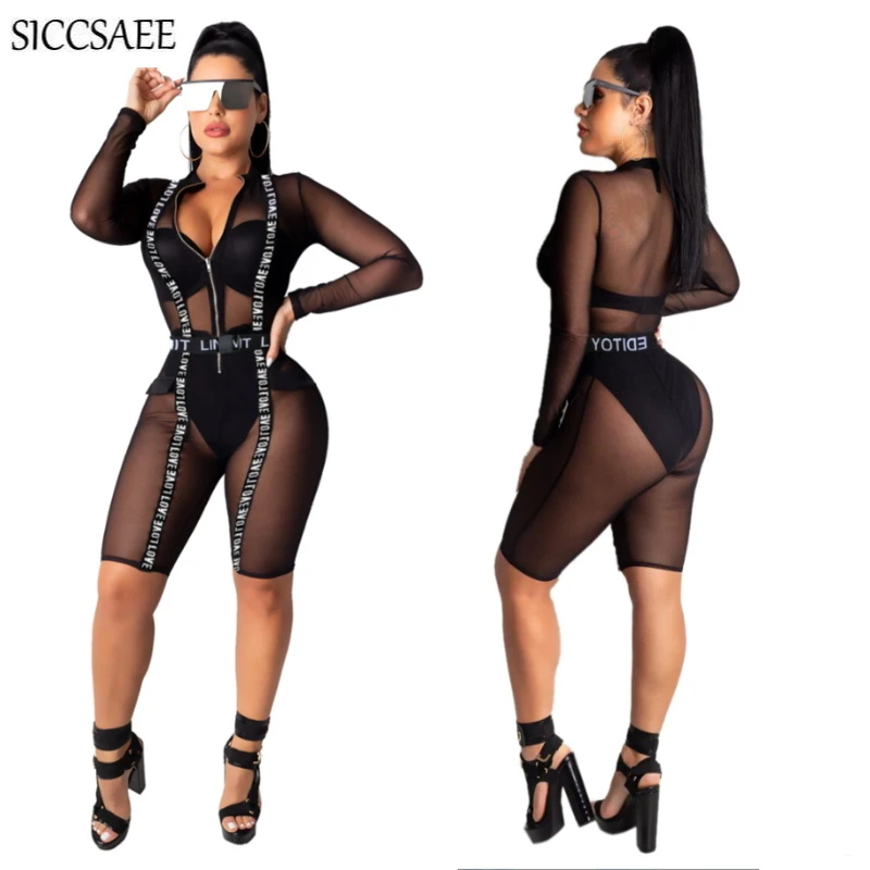 

Letter Shoulder Strap Mesh Knee Length Bodycon Bodysuit Sexy One Piece Bandage Jumpsuits See Through Zipper Front Transparent