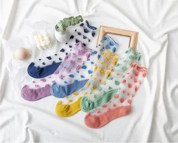 

2020 New Fasahion Spring And Summer Women's Socks College Style Cute Heart Pattern Half Transparent Socks Middle Tube Socks