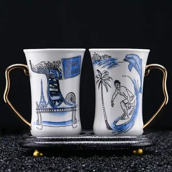 

2pcs Ceramic Couple cup for Coffee summer hand drawn doodle style Personality Mug Milk Tea Gift for friend Home Office Drinkware