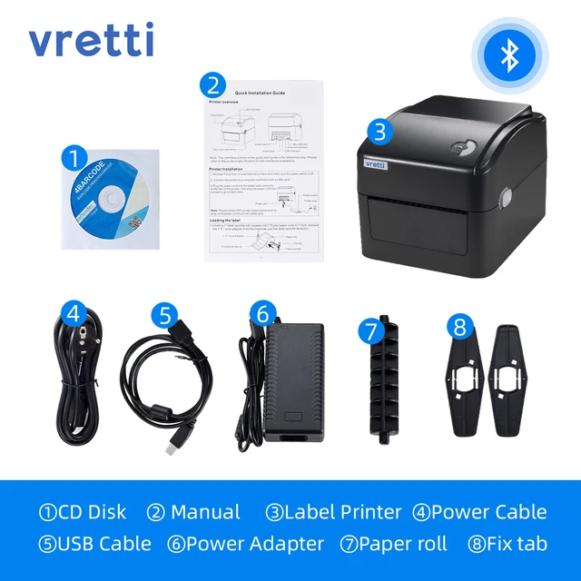 Vretti 420B Wireless Bluetooth Shipping Label Printer 4*6 Thermal Printer Express Black White Barcode Printer Label Holder POS USB and Bluetooth