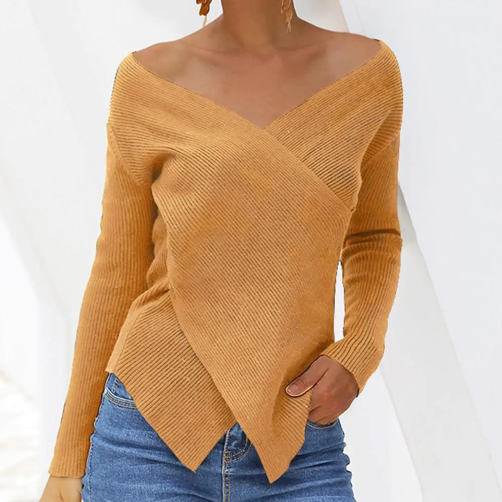 

New Women Deep V-Neck Block Sweater Knitwear Long Sleeve Pullover Casual Tops Features: Which is beautiful and cute that make