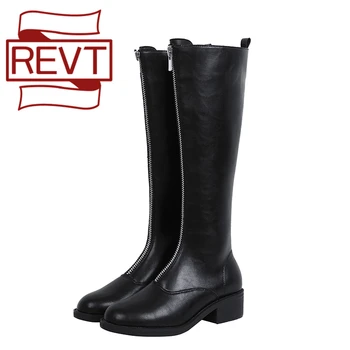 

REVT Classik Black White Boots Hot Sale Women's Front Zipper Boots 4cm Heel High Rider Boots Long Knee Boots Leather shoes 33-43