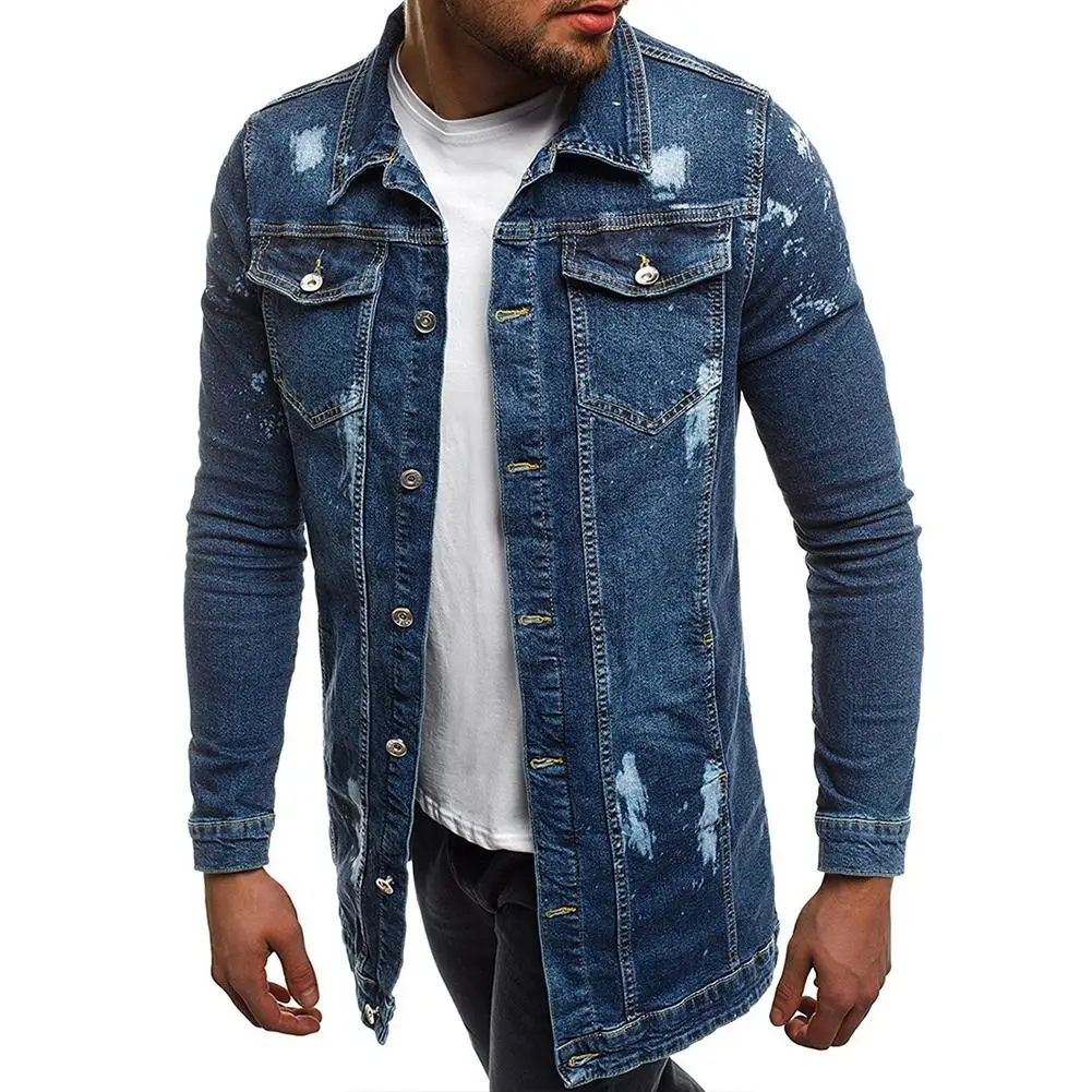 Yfashion модный мужской жакет, верхняя одежда, измельченная джинсовая куртка, потертая тонкая средняя длинная ковбойская куртка, мужские пальто