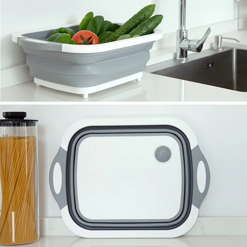 

Collapsible Cutting Board Dish Tub Kitchen Vegetable Washing Basket Drain Basket 3-in-1 Design