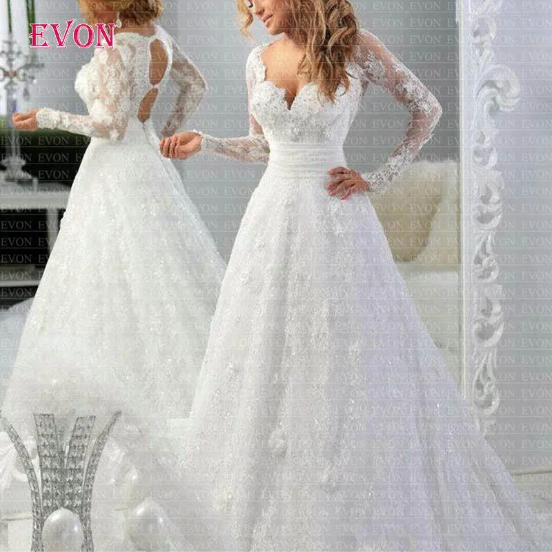 Недорогие свадебные платья Vestido De Noiva с длинными рукавами, v-образным вырезом, кружевом и линией, 2020, на заказ, на пуговицах, Свадебные платья