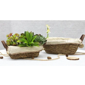 

2Pc Flower Pot Basket Hemp Rope Woven Basket Fabric Desktop with Handles Container Portable Decoration for Tidy-Up Storage Size