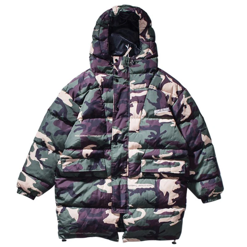 Hip Hop Long Hooded Jacket Parka Winter Men Streetwear Retro Trench Coat Windbreaker Camouflage Harajuku Outwear Oversize