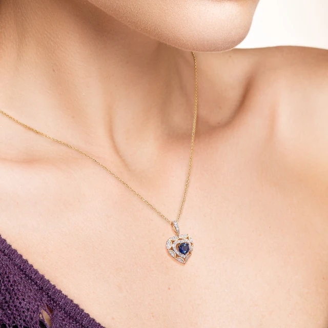 Gold Pendant For Woman - Shiny Diamond - Blue Sapphire - Exquisite Heart  Pendant  6