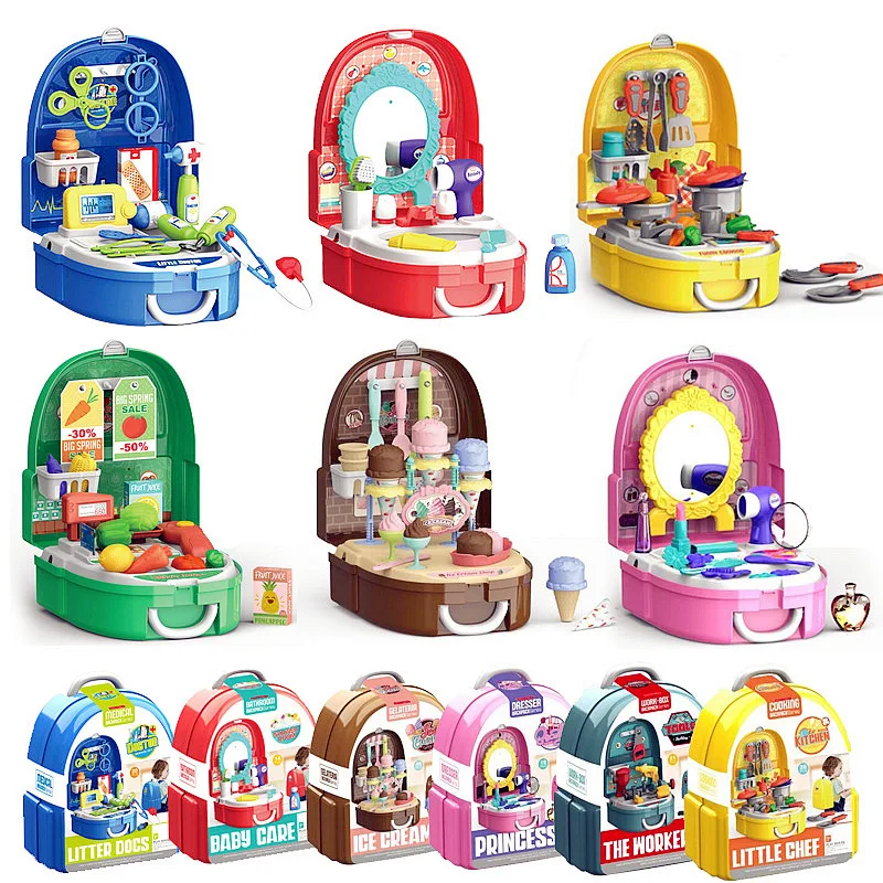 

Children Model Kitchen Tableware Makeup Cash Storage Tool Kit Ice Cream Play House Backpack Box Doctor Toy
