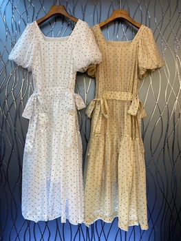 

2020 Spring and Summer New Women's Square Collar Small Wave Point Printed Waist Side Knotted Waist Hugging Dress 623