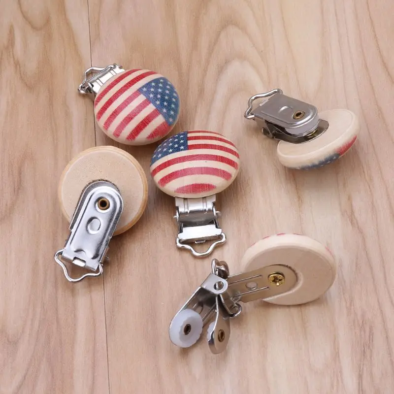 

5PCS/Lot Metal Wooden Baby Pacifier Clip Round American Flag Pattern 4.4cm x 3cm R9UE