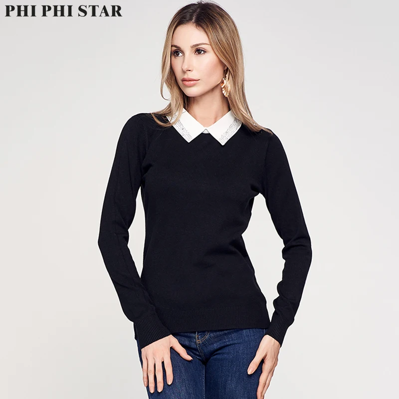 

Phi Phi Star Brand 2019 Autumn Winter Fashion Beading Peter pan Collar Sweater Women Jumper pull femme sueter mujer invierno