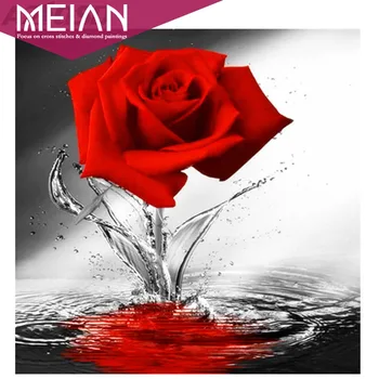 

Meian Flower Full drill Diamond Paintings Cross Stitch Red Rose 5d Diy Needlework Embroidery Flower Home Decor Rhinestones Gift