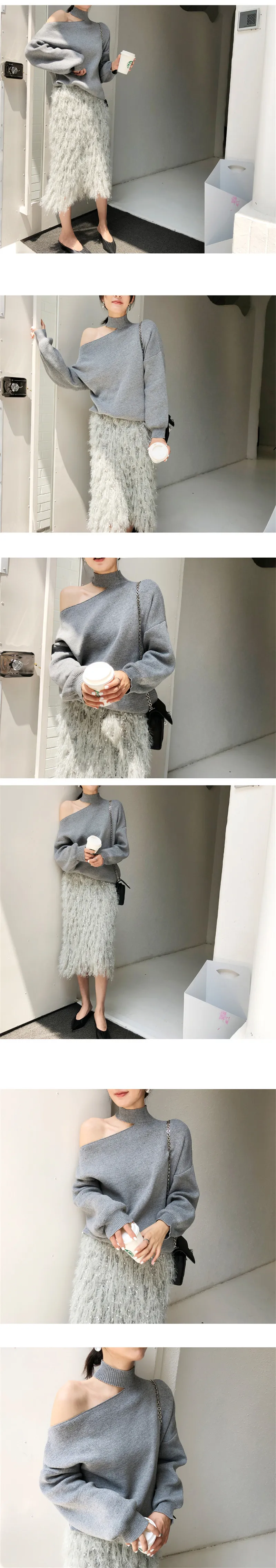 CBAFU с открытыми плечами женский свитер свободные эластичные трикотажные пуловеры с длинным рукавом Короткий Джемпер Корея фонарь рукав P543
