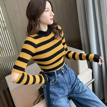 

2020 New Women Autumn Spring Stripes Print Slim Long Sleeved Round Collar Slim Casual Sweater New