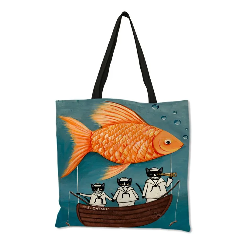 Personalized Cat Tote Bag For Women Lady Folding Reusable Linen Shopping Bag With Print Travel School Bags Handbag women handbags linen tote bag