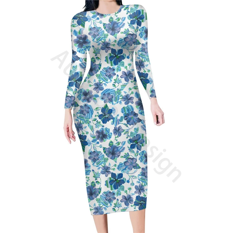 

Blue Hibiscuses Print Dresses For Women Party Oversize Elasticity Tight Dress New Fashion Flower Dress Robe Grande Taille Femme
