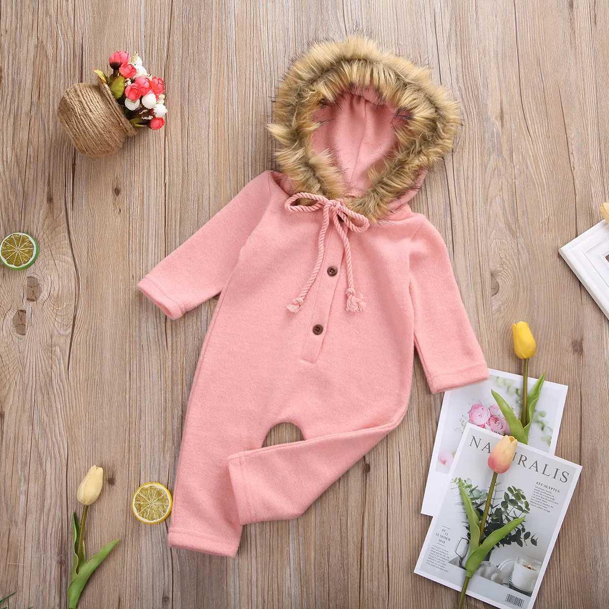 Autumn Winter Warm Newborn Kid Baby Girls Boys Clothes Hairball Hooded Knitted Romper Jumpsuit Outfits Pure Color 0-24Month