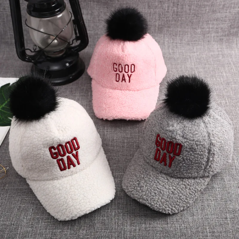 

Winter Children Baseball Cap Warm Brim Hat BOY'S Girls Baby Rabbit Hair Ball Plush Outing Hat Korean-style Fashion