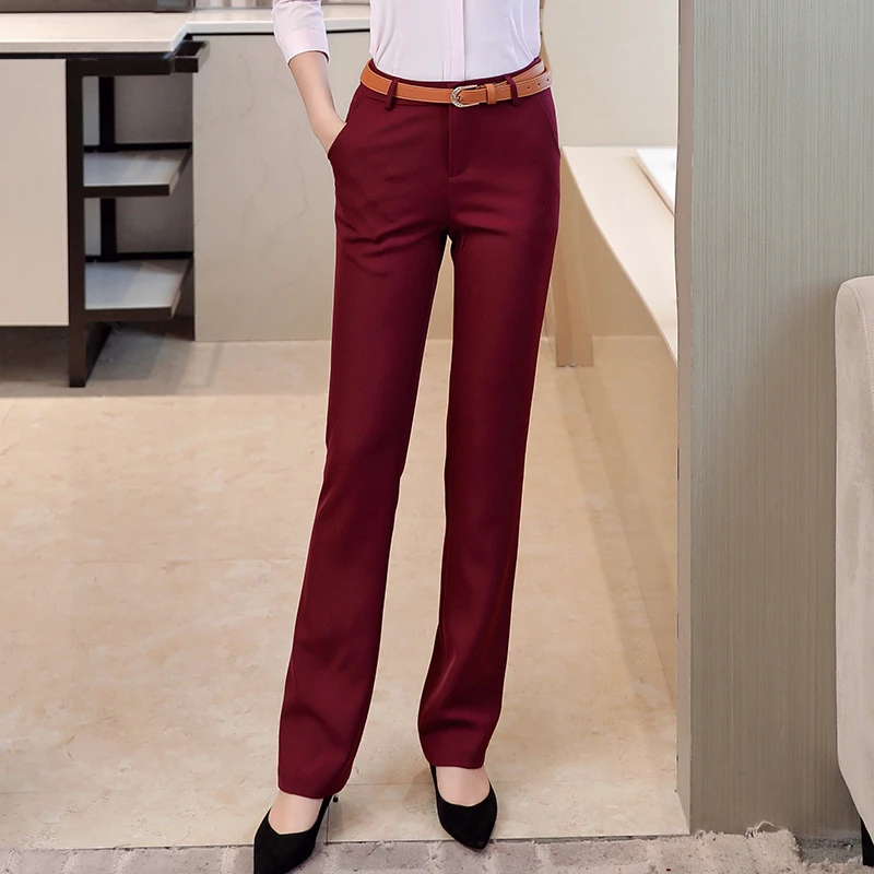 Pantalones de vestir formales de cintura alta para oficina para mujer pantalones lápiz rectos suaves bolsillos de longitud completa negro azul gris rojo|Pantalones y pantalones capri| - AliExpress