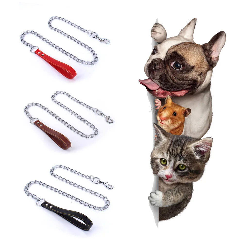 

New Small Medium Large Dog Chain Leash Handle Leads PU Leather Iron Chain Anti-Bite Metal Dog Chain Lead Strong And Durable