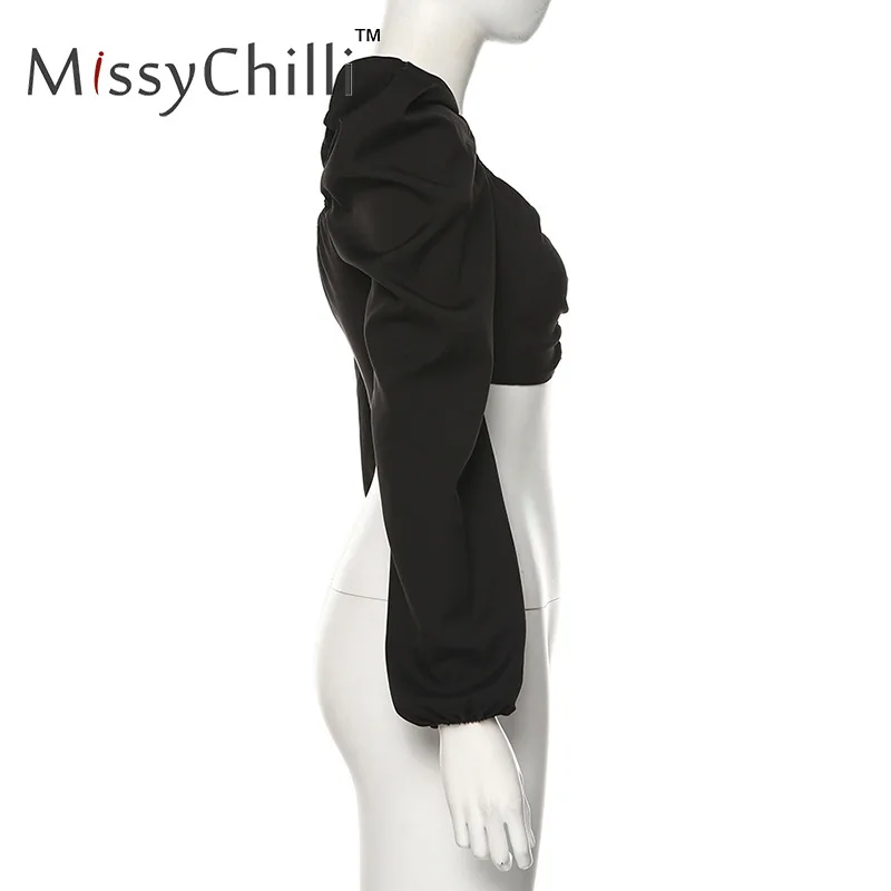 MissyChilli белый с пышными рукавами женская блузка рубашка сексуальная открытая спина клуб черный укороченный Топ женский квадратный воротник уличная короткий топ