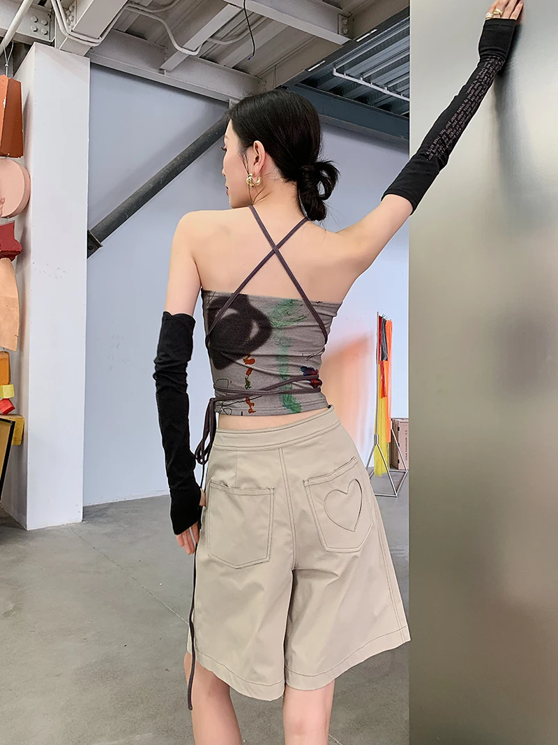 CHEERART Bandage Halter Neck Top Bodycon Backless Strapless Corset Top Women Summer 2021 Print Brown Tube Top Korean Fashion