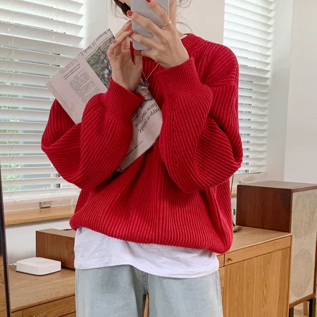 Women Solid Knitted Thickening Oversized Sweater Female Round Neck Long Sleeve Casual Loose Pullovers Top 2021 Autumn Winter Red 1