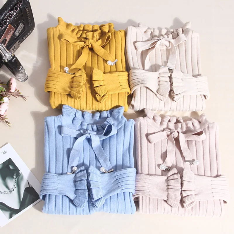 

Женский свитер с длинным рукавом, однотонный вязаный пуловер с бантом и жемчужинами, в офисном стиле, Осень-зима