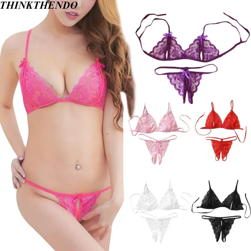 Womens Erotic Lingerie Lace Babydoll 2 Piece Bras Set With Bow Open Cup Crotchless Thong G-String Underwear Costume Nightwear