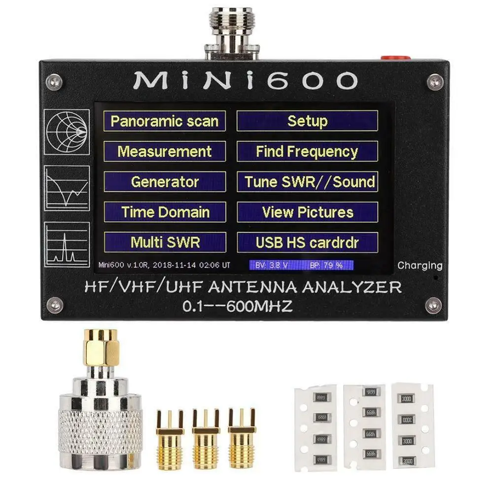 

2019 UV + HF UHF VHF Mini600 4.3" Touch LCD 0.1-600MHz HF/VHF/UHF ANT SWR Antenna Analyzer Meter + lithium battery